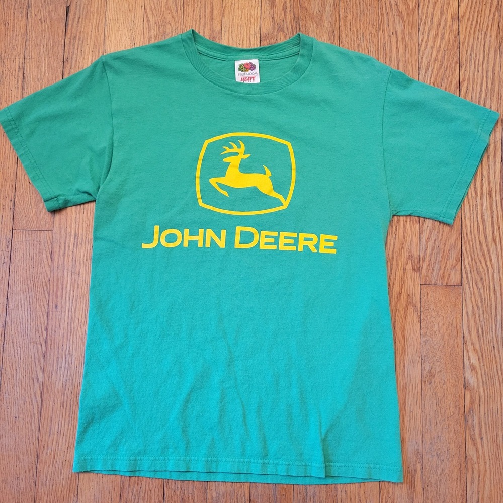John Deere S T Shirt Green Short Sleeve HEAVY COTTON Spell Out Vintage Work